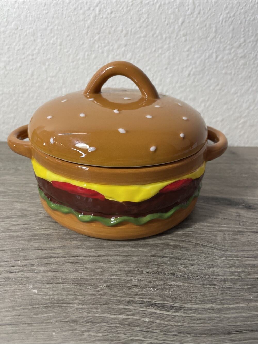 New Brown Ceramic Cheeseburger Mini Baker W/ Spreader Party BBQ Kitchen